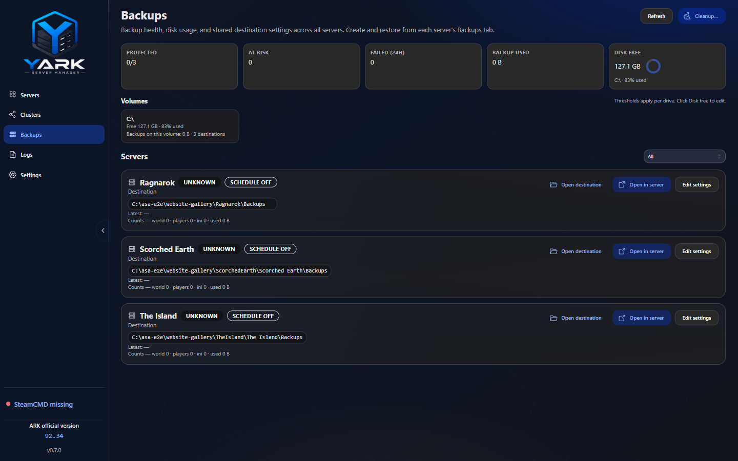 Backups dashboard with fleet health badges, disk usage, volumes, and per-server destinations