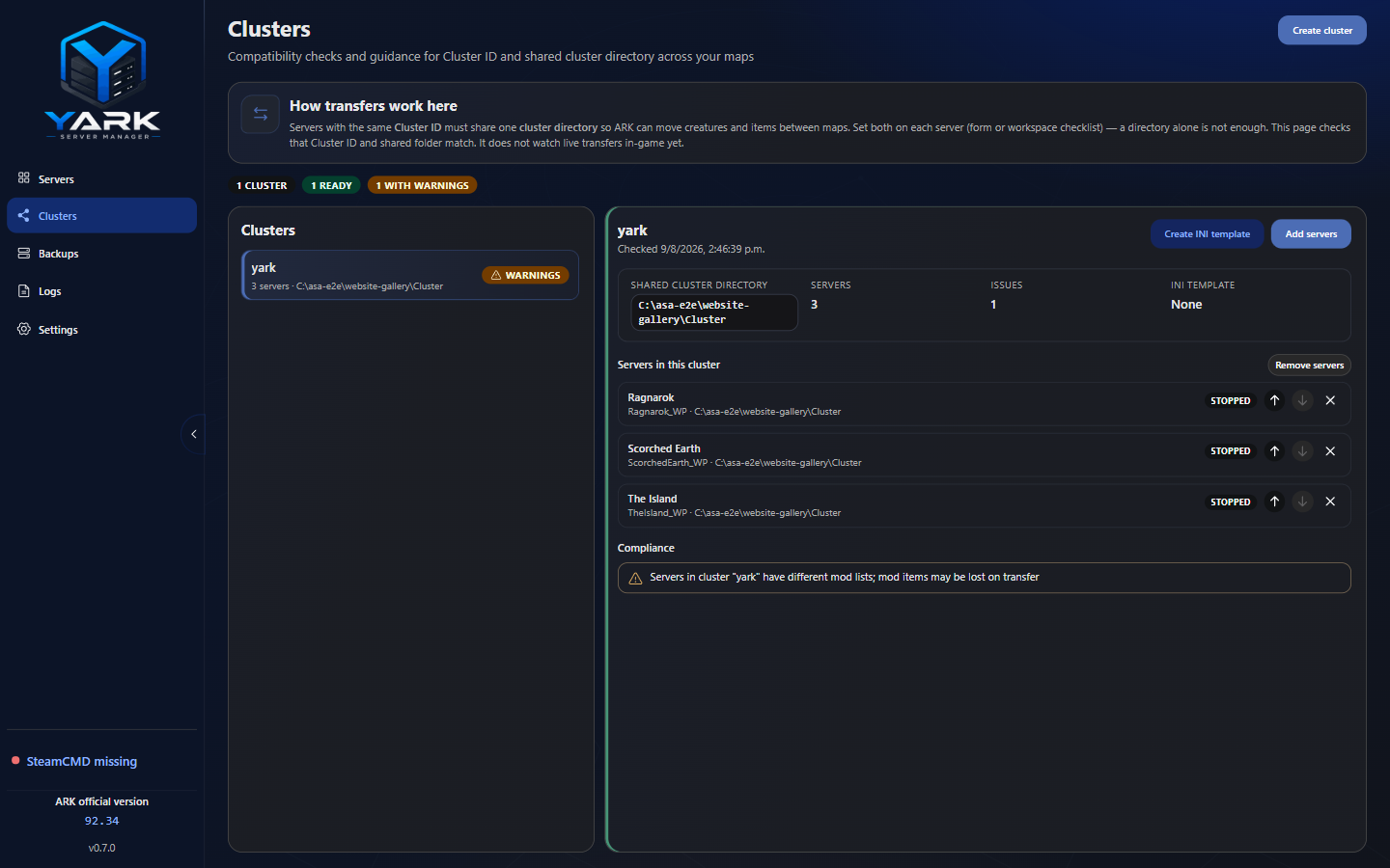 Clusters page with create/membership actions, INI templates, and compliance for Cluster ID and shared directory