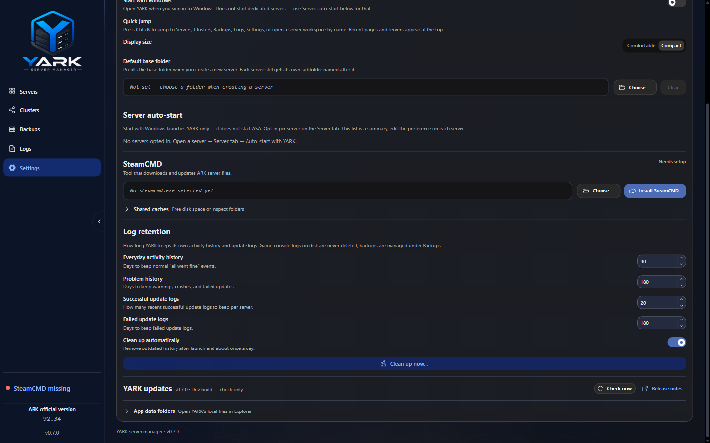 Settings page showing log retention and YARK updates alongside SteamCMD and desktop prefs