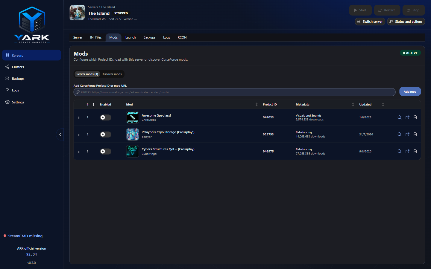 Mods tab listing CurseForge mods with enable toggles, Project IDs, metadata, and CurseForge links